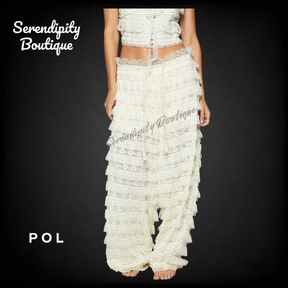 POL Boho Feminine Fluttering All Over Soft Tiered Eyelet Lace Ruffle Wide Leg Pa - Picture 7 of 12